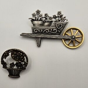 Lot of 2 Vintage JJ Jonette Jewelry Pins Flower Wheelbarrow Brooch & Basket